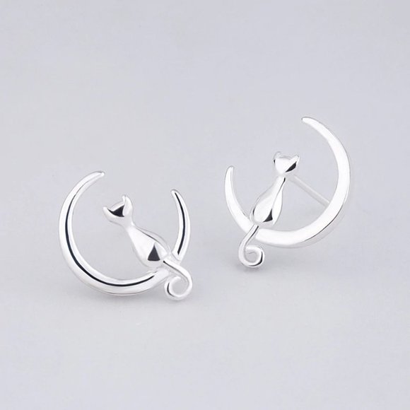NEW 925 Sterling Silver Cat Moon Earrings - Picture 4 of 6